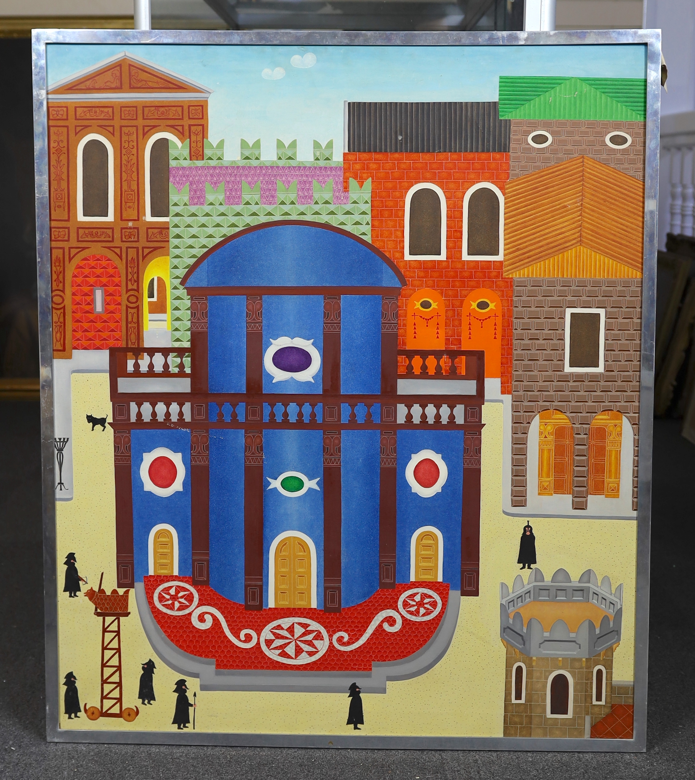 Philip Castle (English, b.1929), acrylic on canvas, 'Guardsman within a fantasy city’, monogrammed verso, 98 x 84cm